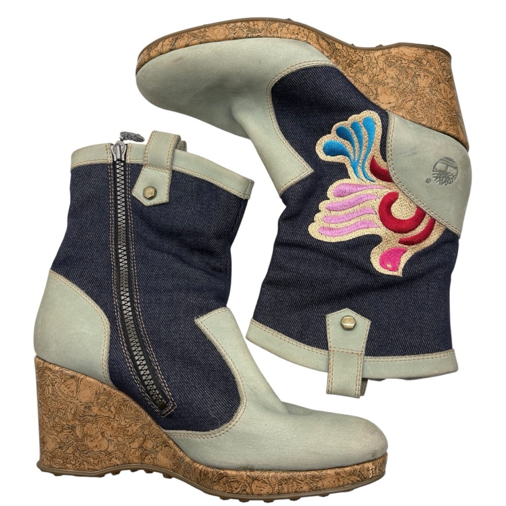 Timberland cork wedge boots denim embroidered Blue Tan women’s size 7